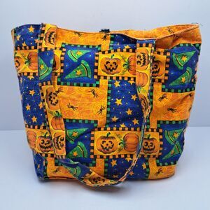 Handmade Halloween Tote Bag Jack O Lantern Pumpkin Witch Hat Print Whimsical VTG
